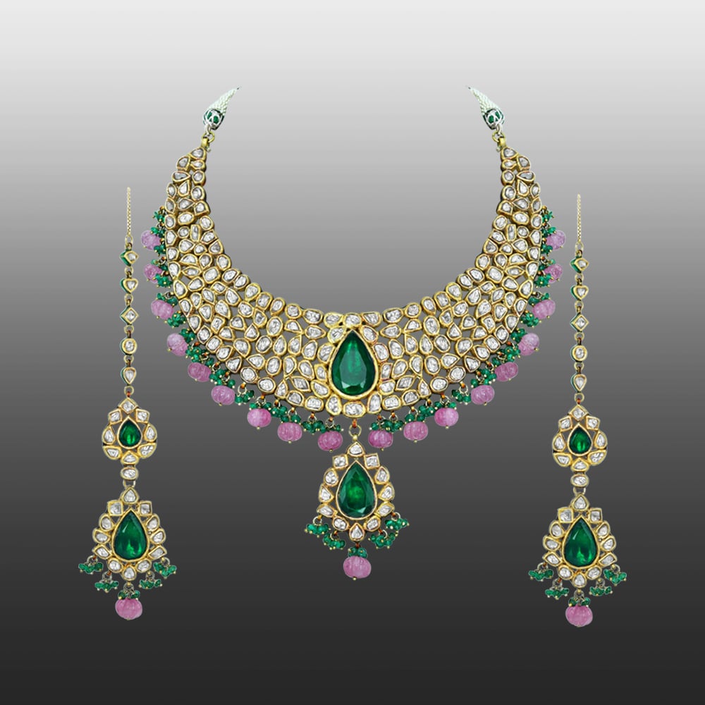 Polki Diamond Necklace Set with Green Stone and Pink Beads